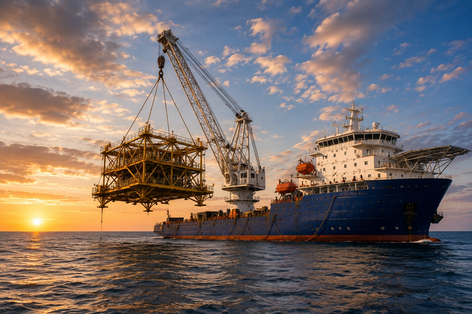 Offshore support vessel lifting a large offshore module