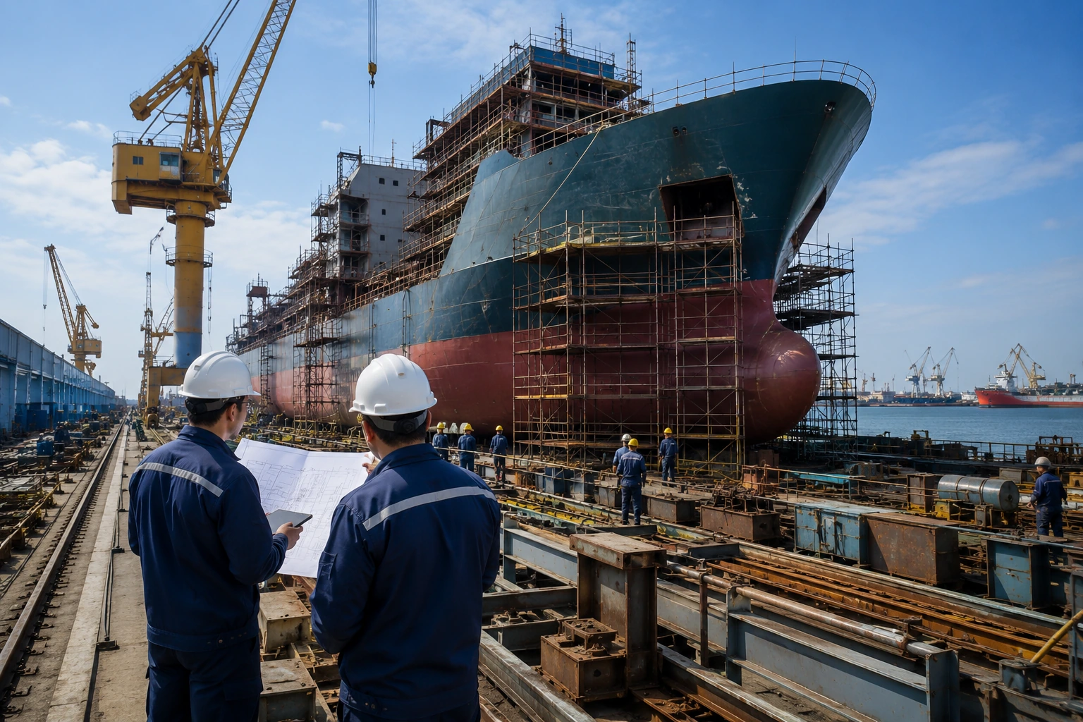 Large vessel in shipyard