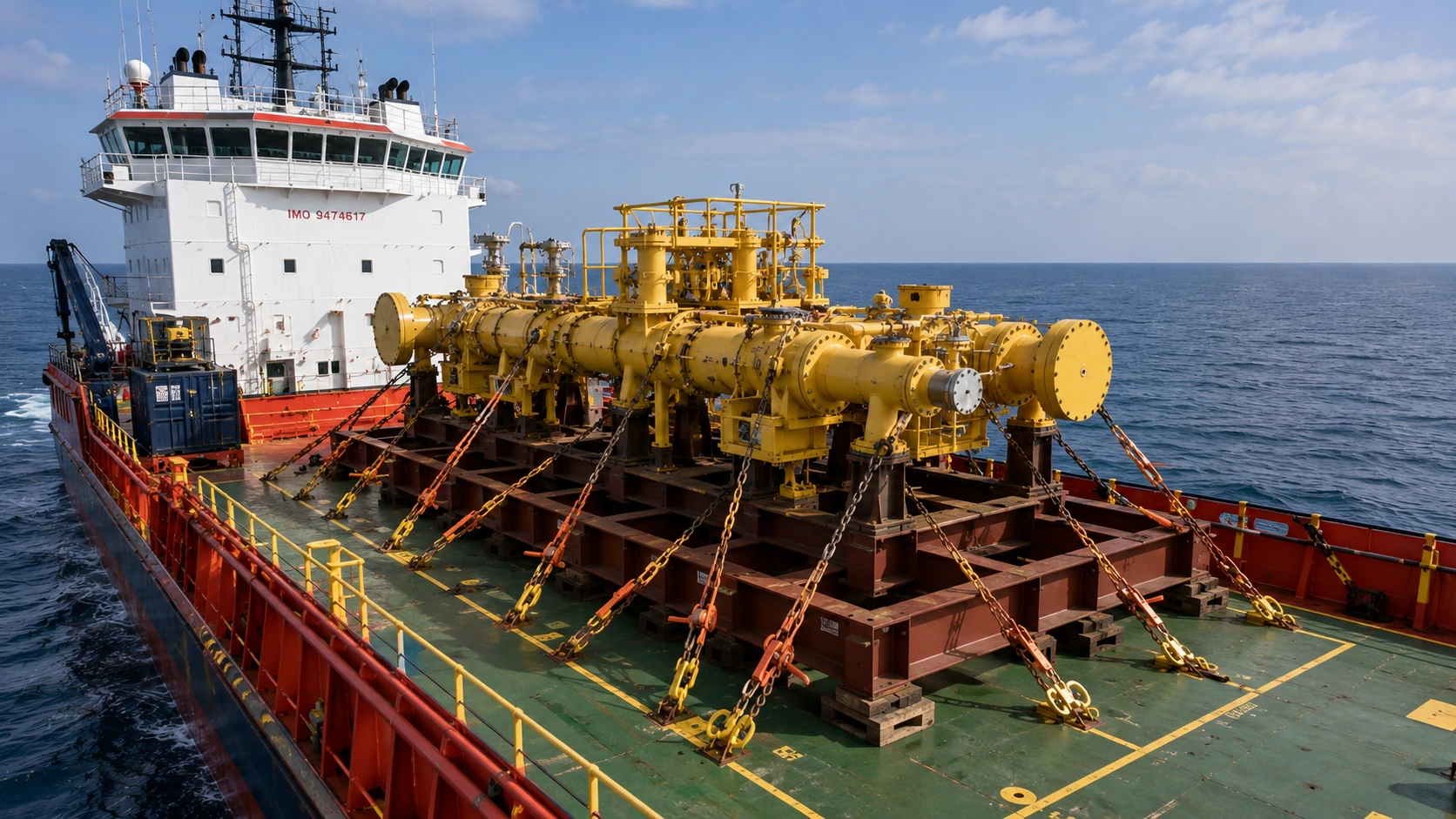 Subsea manifold sea-fastened to a supply vessel deck on grillage