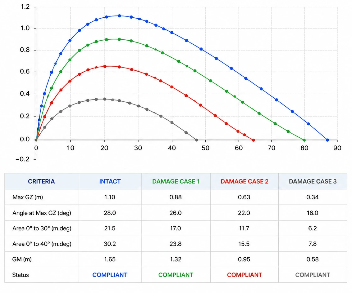 Intact and damage stability curves and results